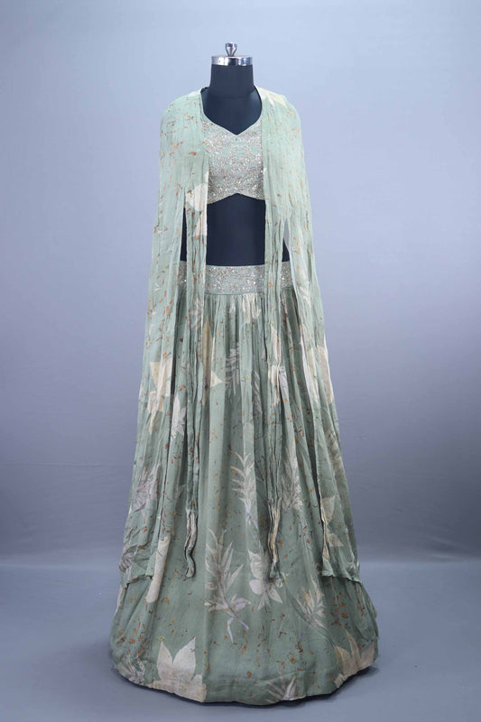 Sage Green Lehenga Set with Sequined Blouse and Dupatta