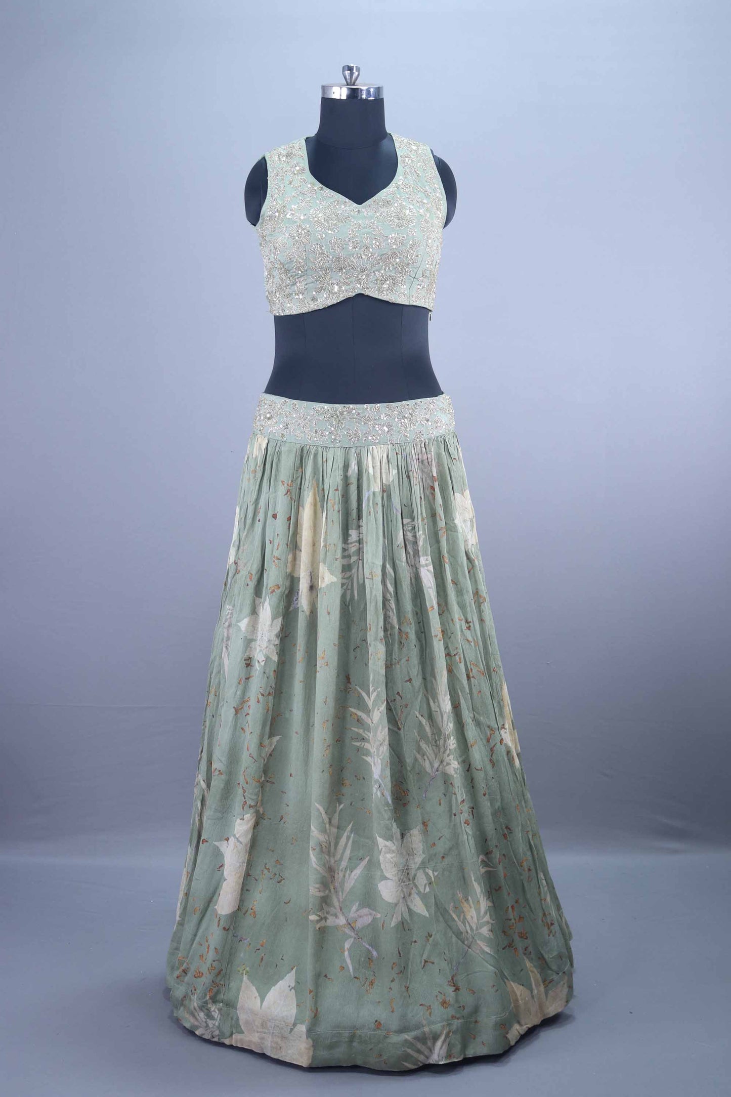 Sage Green Lehenga Set with Sequined Blouse and Dupatta
