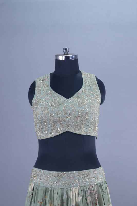 Sage Green Lehenga Set with Sequined Blouse and Dupatta