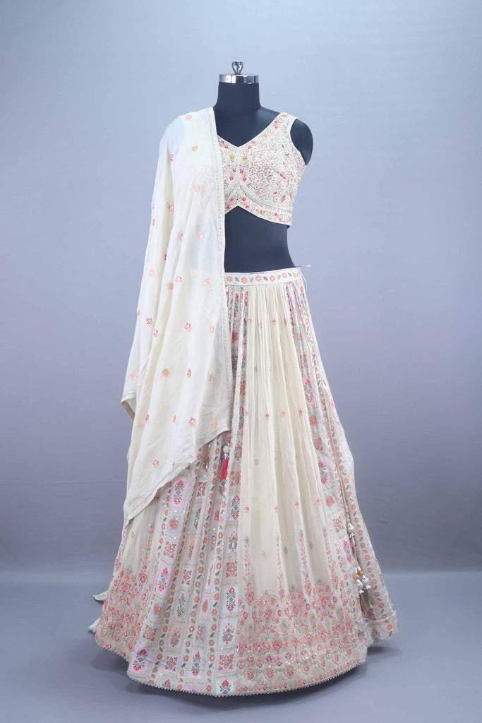 Off White Mirror and Thread Embroidered Lehenga Choli with Dupatta 