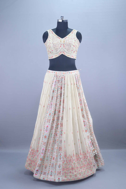Off White Mirror and Thread Embroidered Lehenga Choli with Dupatta