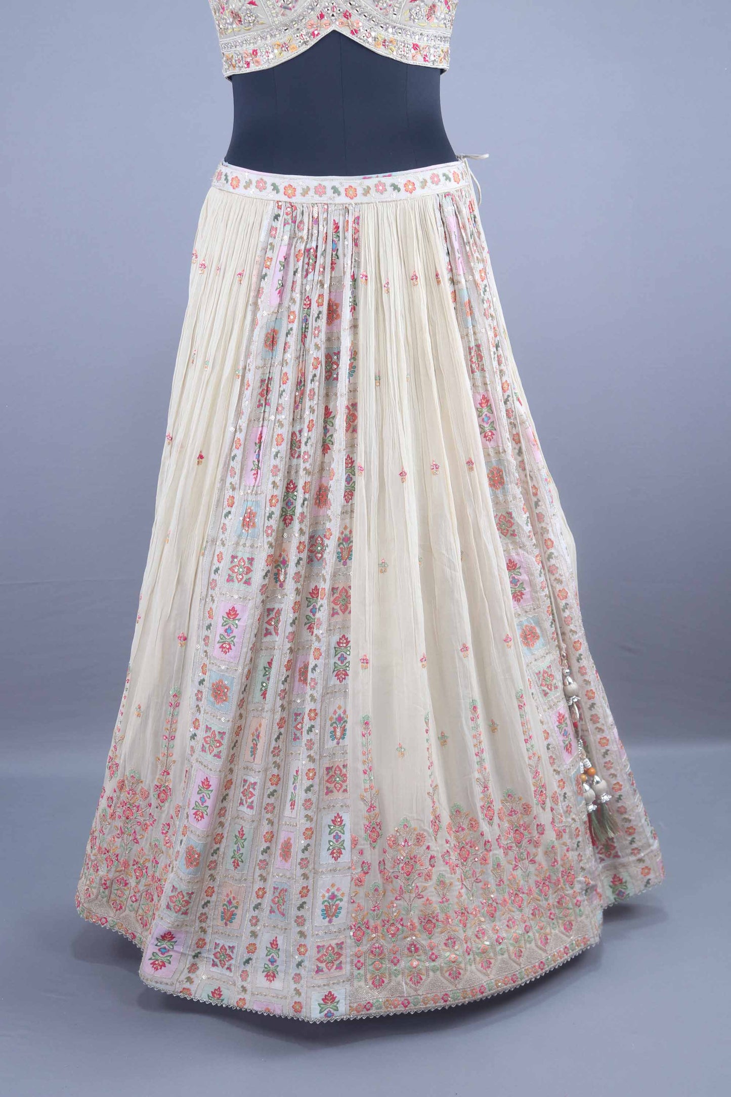 Off White Mirror and Thread Embroidered Lehenga Choli with Dupatta