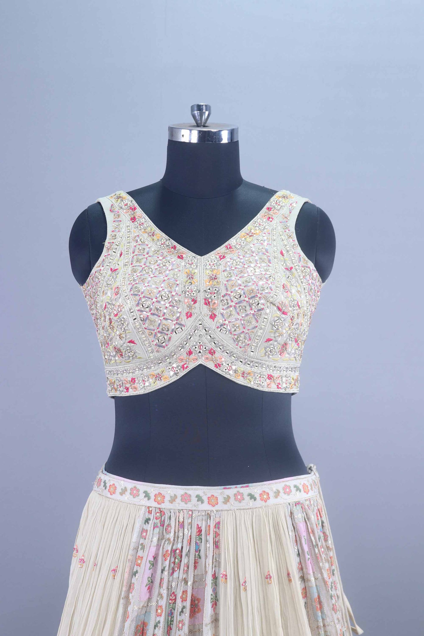 Off White Mirror and Thread Embroidered Lehenga Choli with Dupatta