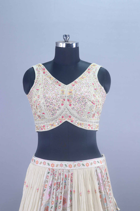 Off White Mirror and Thread Embroidered Lehenga Choli with Dupatta