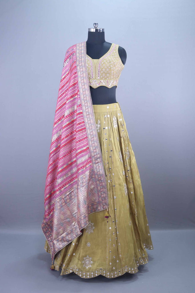 Mustard Yellow Mirror Work Lehenga Choli with Pink Banarasi Dupatta
