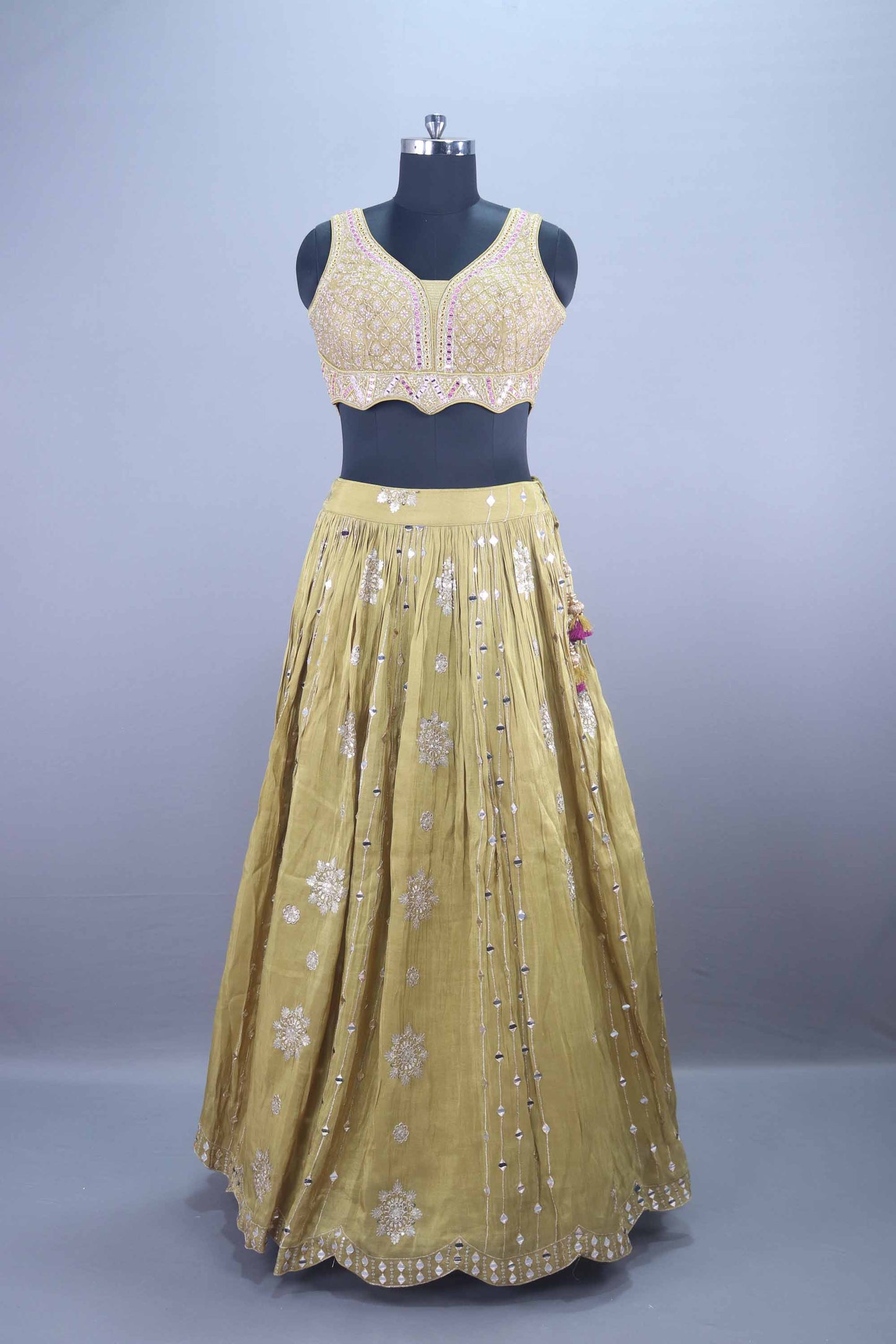 Mustard Yellow Mirror Work Lehenga Choli with Pink Banarasi Dupatta