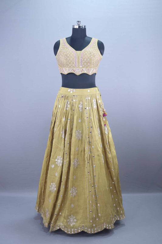 Mustard Yellow Mirror Work Lehenga Choli with Pink Banarasi Dupatta