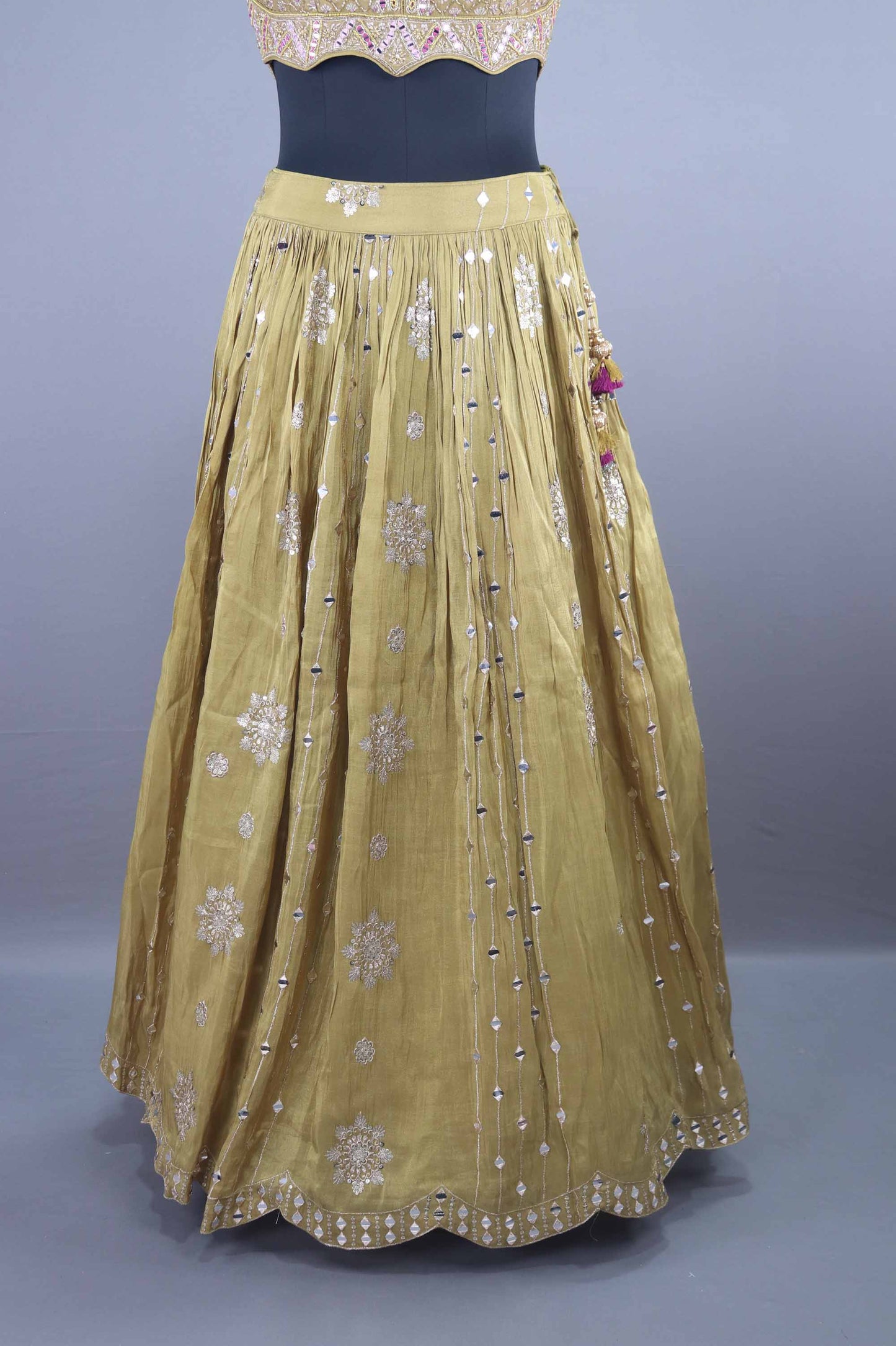 Mustard Yellow Mirror Work Lehenga Choli with Pink Banarasi Dupatta