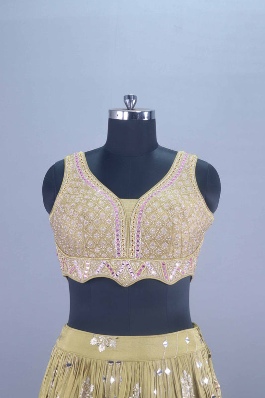 Mustard Yellow Mirror Work Lehenga Choli with Pink Banarasi Dupatta