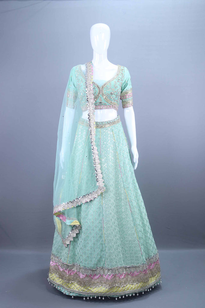 Mint Green Embroidered Net Lehenga Choli Designer Festive Wear 