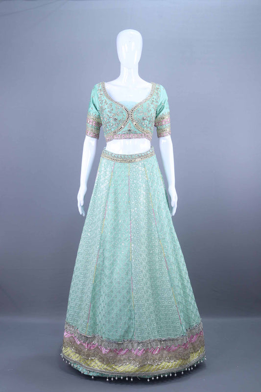 Mint Green Embroidered Net Lehenga Choli Designer Festive Wear