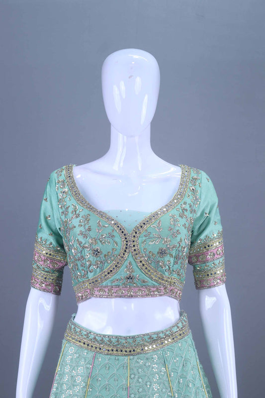 Mint Green Embroidered Net Lehenga Choli Designer Festive Wear