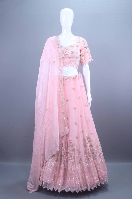 Pink Embroidered Net Lehenga Choli with Designer Dupatta 
