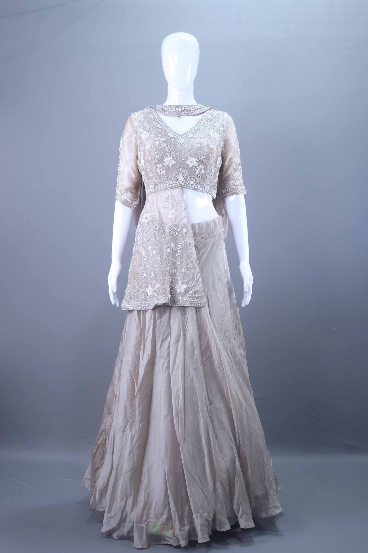 Designer Grey Embroidered Silk Peplum Lehenga Choli 