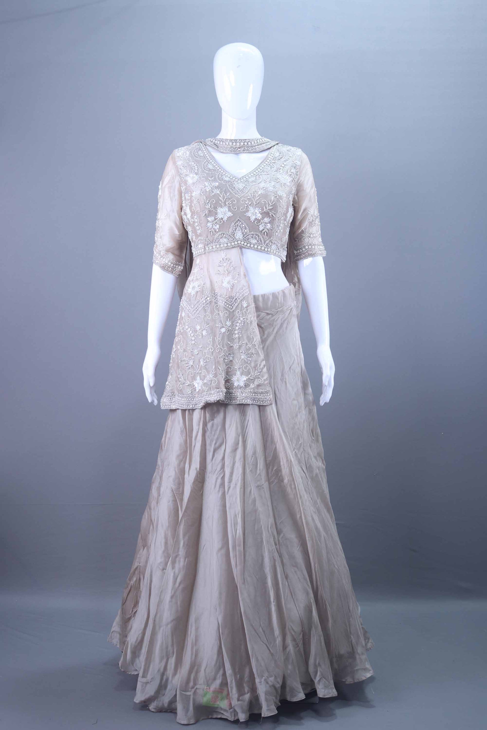 Designer Grey Embroidered Silk Peplum Lehenga Choli 