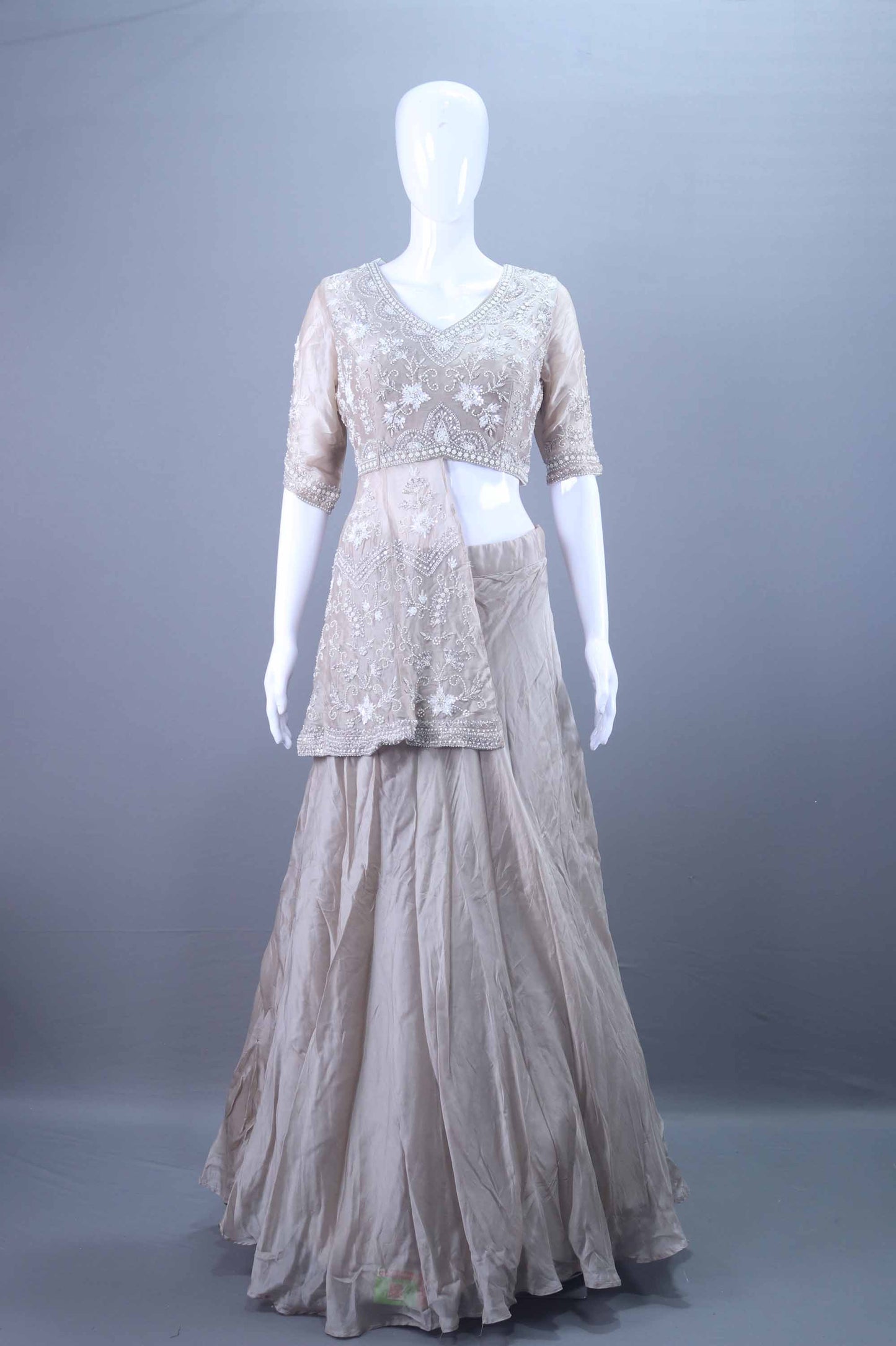 Designer Grey Embroidered Silk Peplum Lehenga Choli