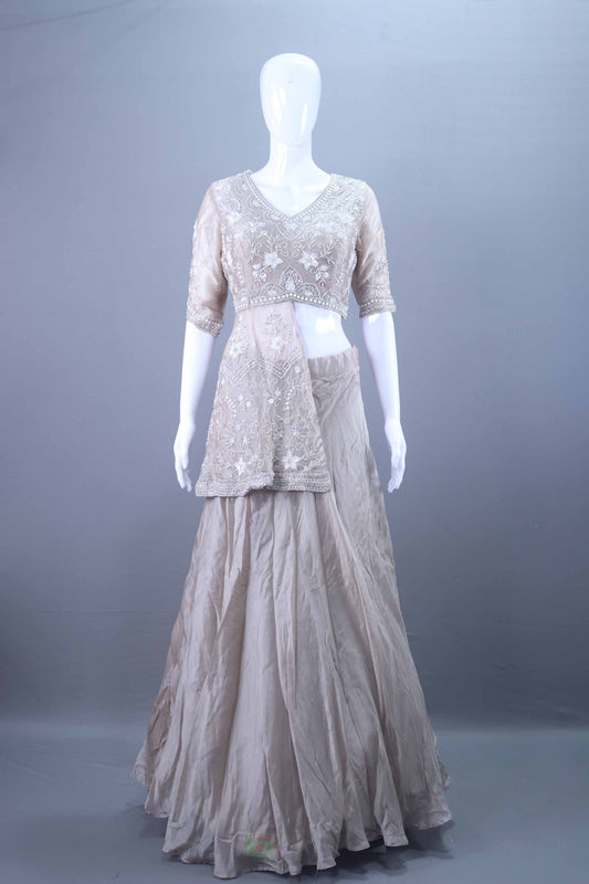 Designer Grey Embroidered Silk Peplum Lehenga Choli