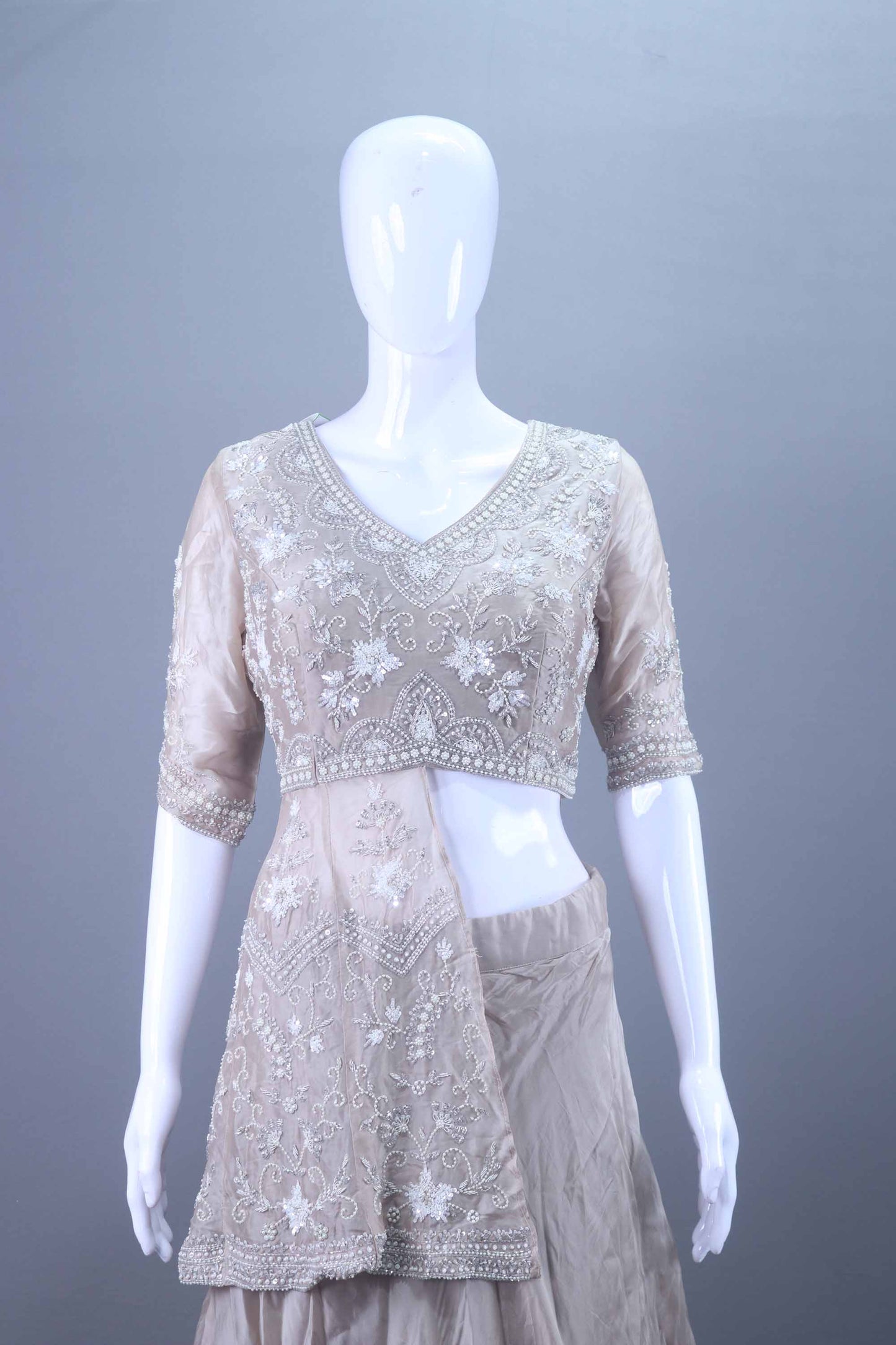 Designer Grey Embroidered Silk Peplum Lehenga Choli