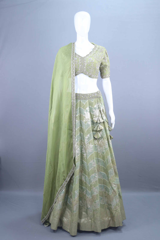 Designer Olive Green Silk Lehenga Choli with Tassel Detailing Dupatta 