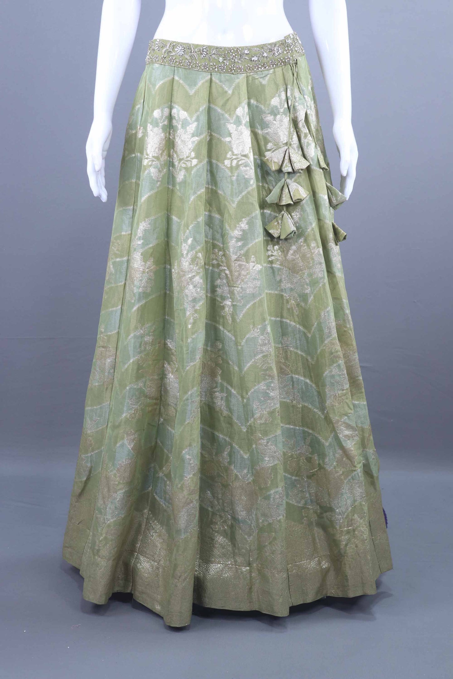 Designer Olive Green Silk Lehenga Choli with Tassel Detailing Dupatta