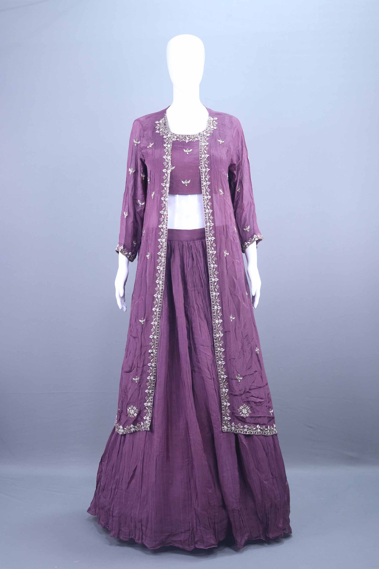Plum Purple Embroidered Silk Crop Top Lehenga with Long Jacket
