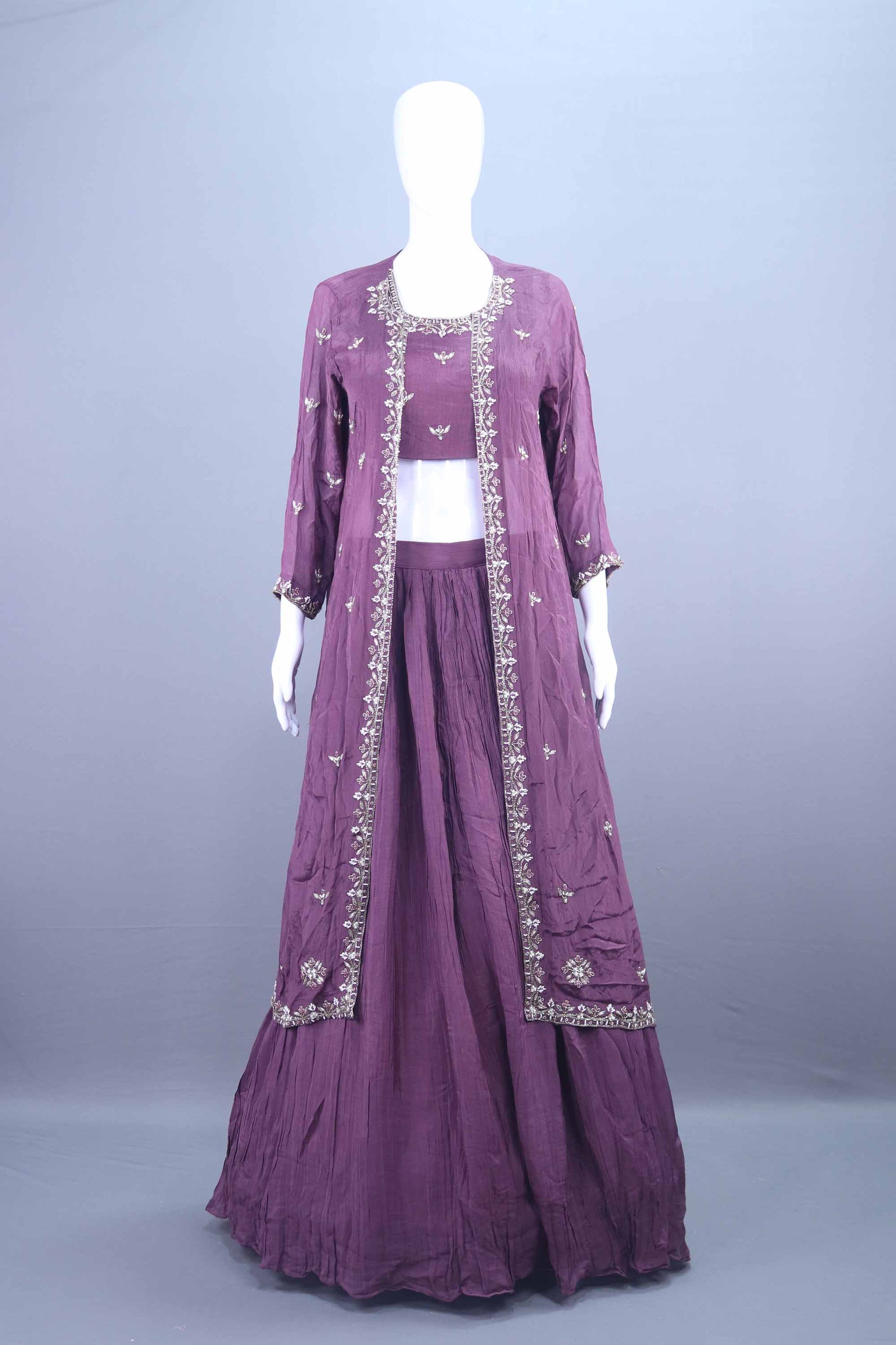 Plum Purple Embroidered Silk Crop Top Lehenga with Long Jacket