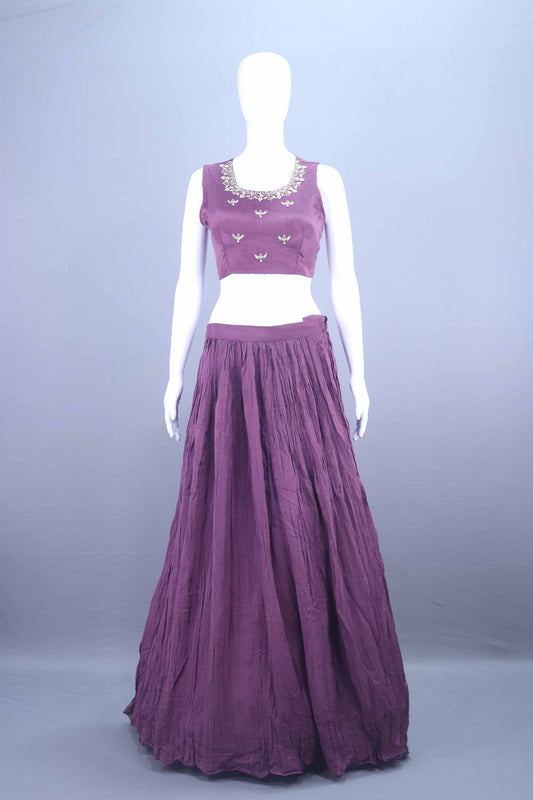 Plum Purple Embroidered Silk Crop Top Lehenga with Long Jacket