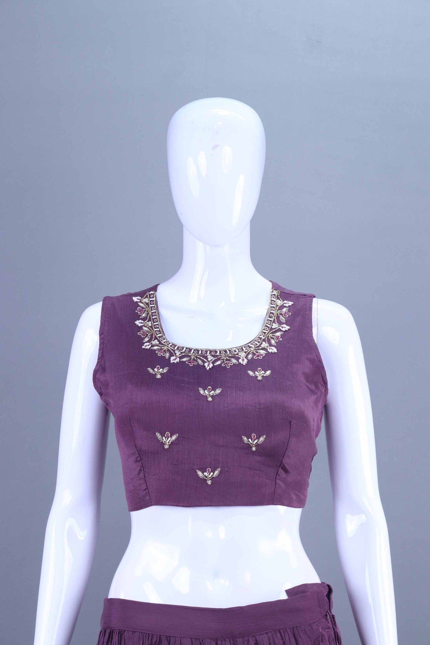 Plum Purple Embroidered Silk Crop Top Lehenga with Long Jacket