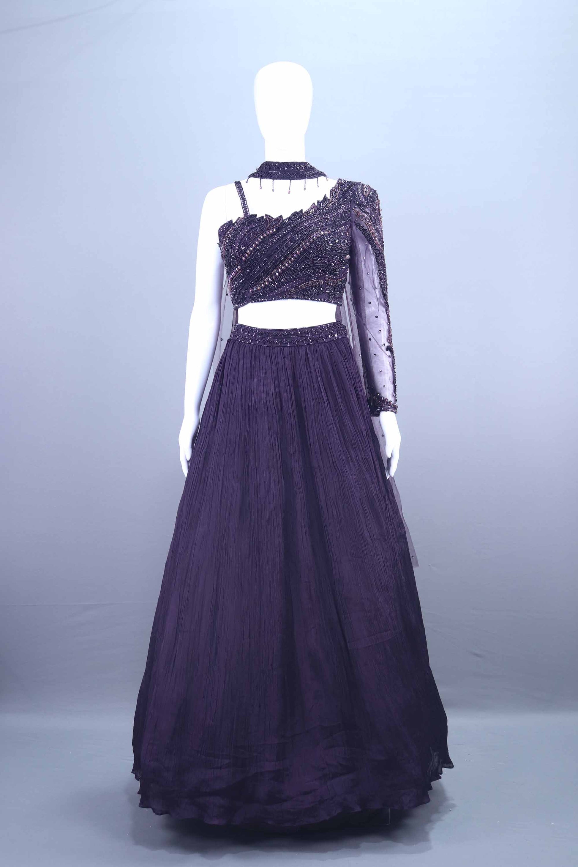 Designer Purple One Shoulder Embroidered Lehenga Choli 