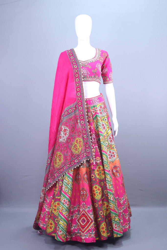 Pink Multicolor Gujarati Mirror Work Lehenga Choli with Dupatta 