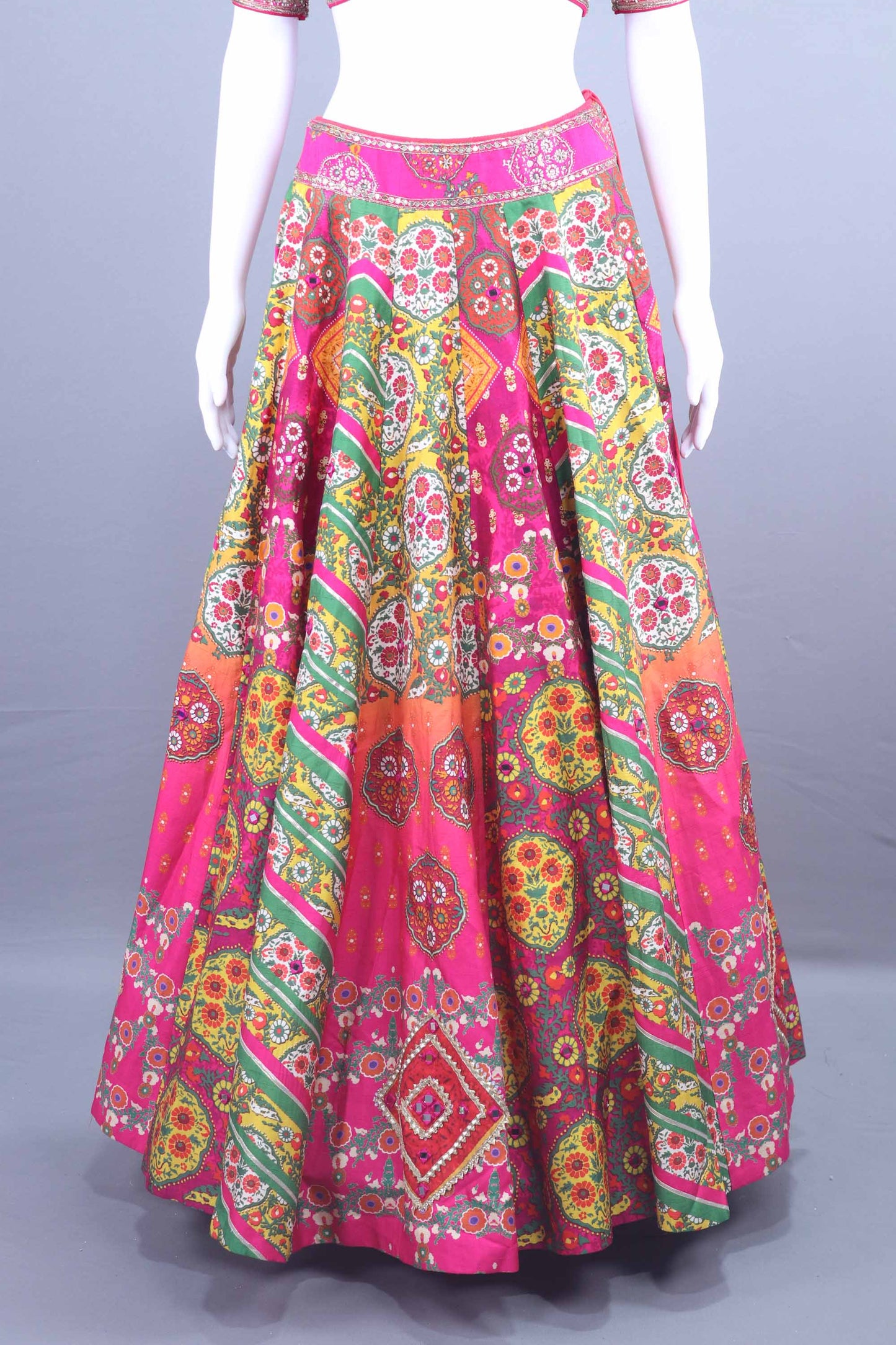 Pink Multicolor Gujarati Mirror Work Lehenga Choli with Dupatta