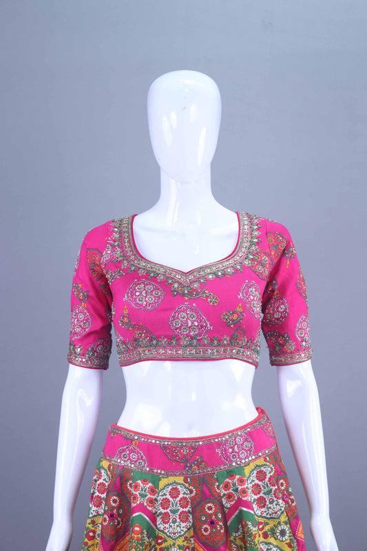 Pink Multicolor Gujarati Mirror Work Lehenga Choli with Dupatta