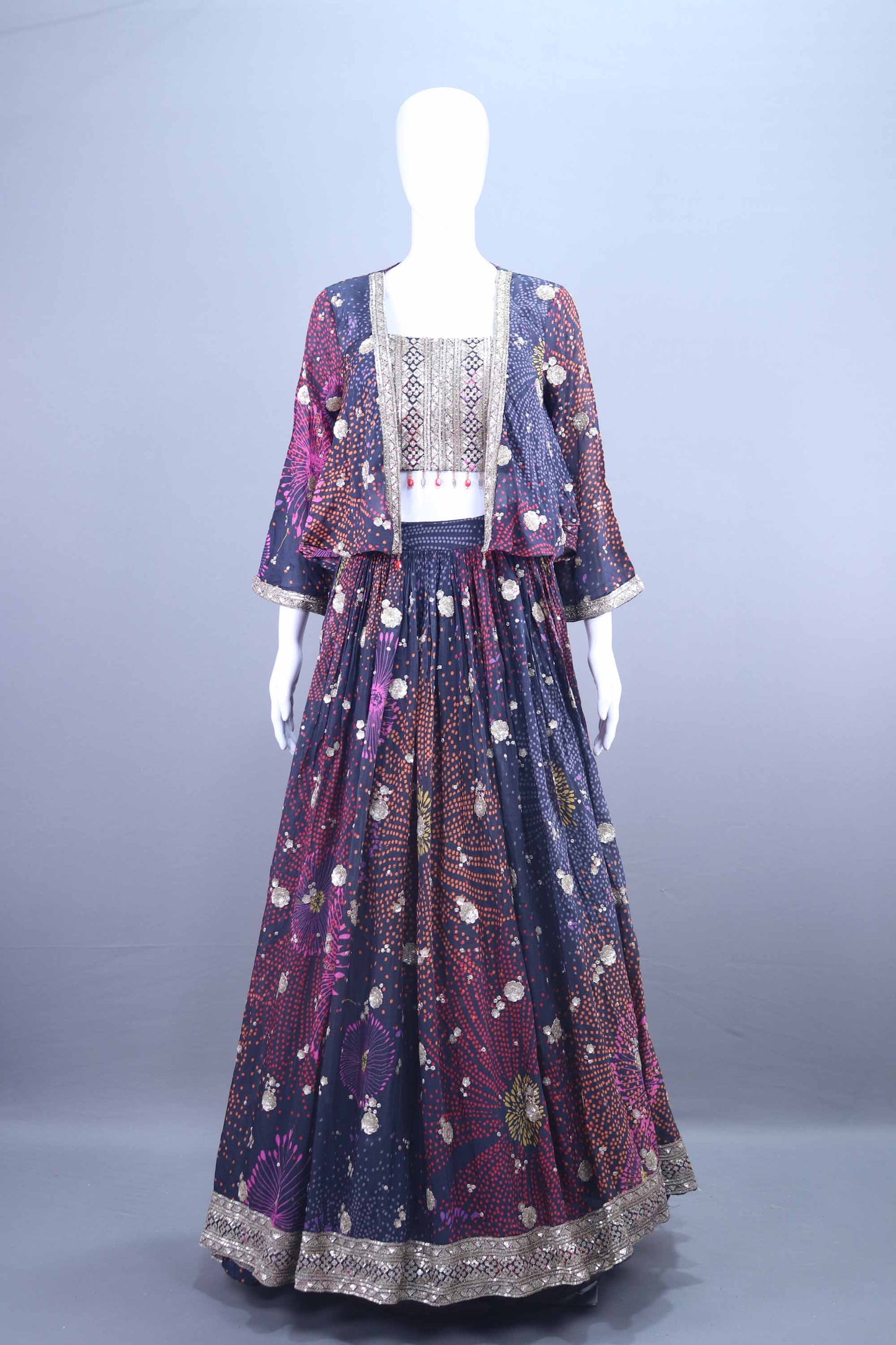  Navy Blue Multicolor Printed Lehenga Choli Jacket Set  