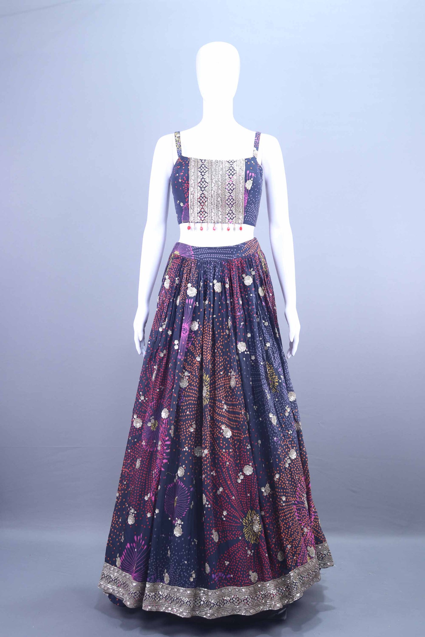 Navy Blue Multicolor Printed Lehenga Choli Jacket Set