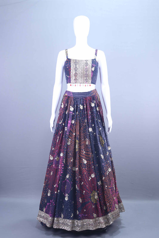 Navy Blue Multicolor Printed Lehenga Choli Jacket Set