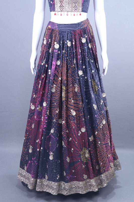 Navy Blue Multicolor Printed Lehenga Choli Jacket Set