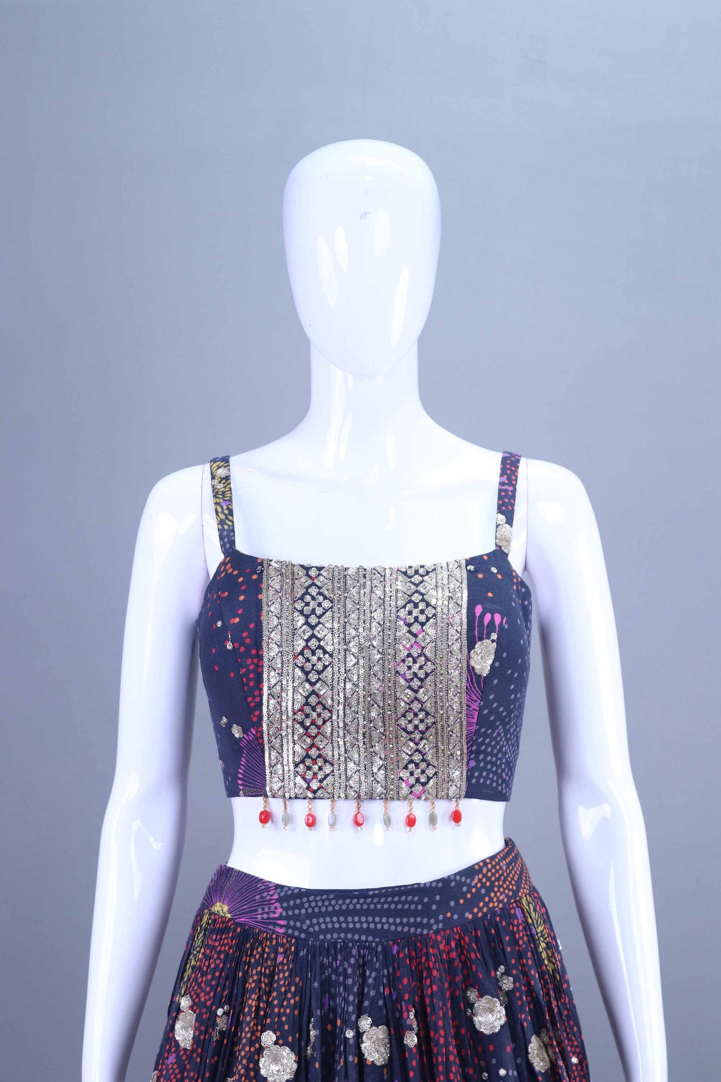 Navy Blue Multicolor Printed Lehenga Choli Jacket Set