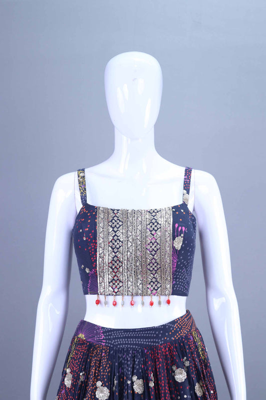 Navy Blue Multicolor Printed Lehenga Choli Jacket Set