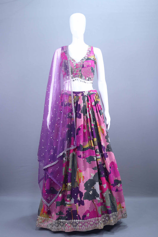 Multicolor Lehenga Choli and Purple Net Dupatta Designer Festive Wear