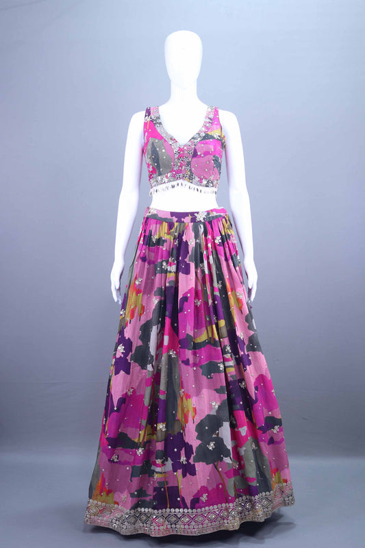 Multicolor Lehenga Choli and Purple Net Dupatta Designer Festive Wear