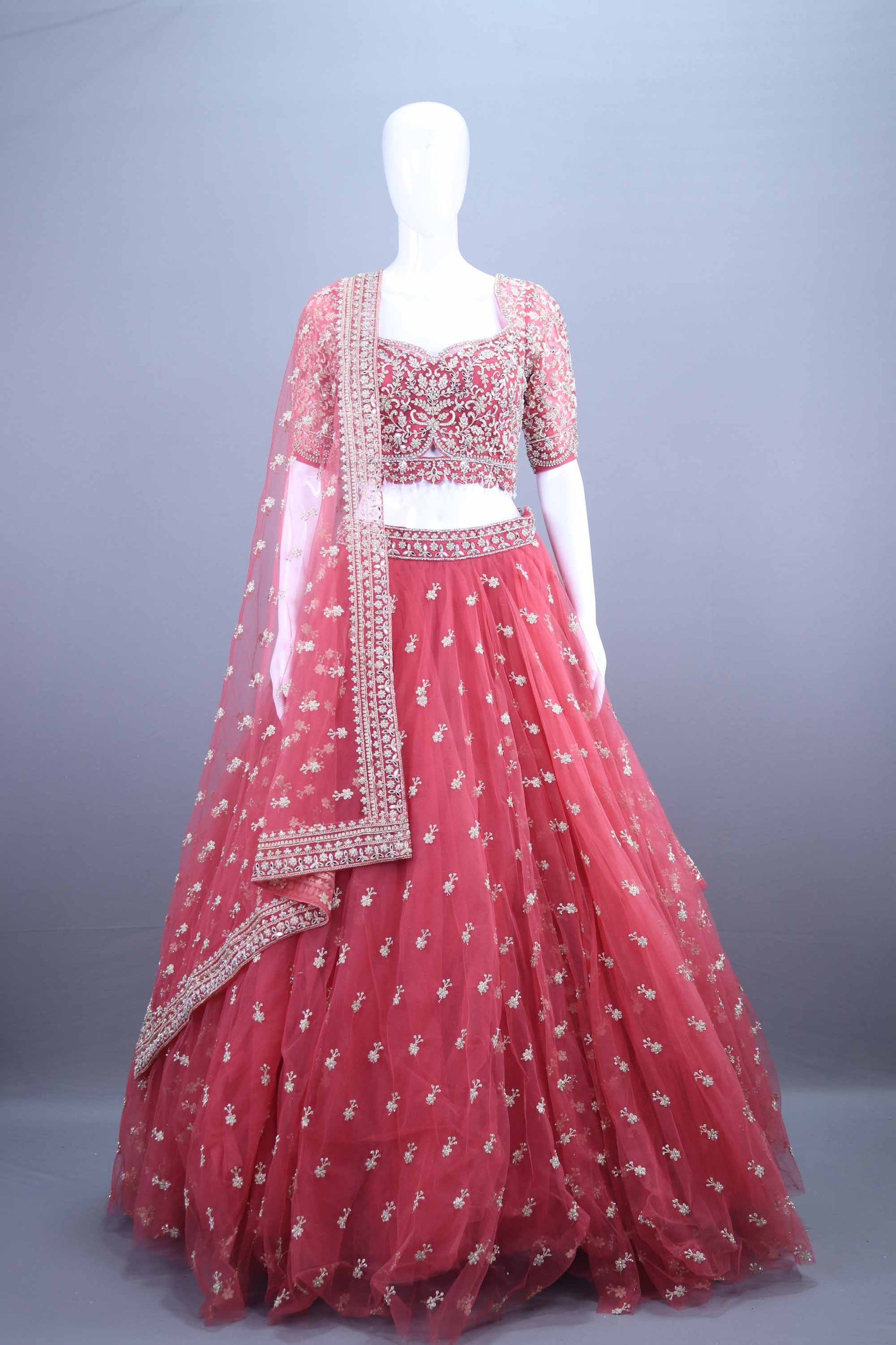 Designer Red Embroidered Net Lehenga Choli with Dupatta