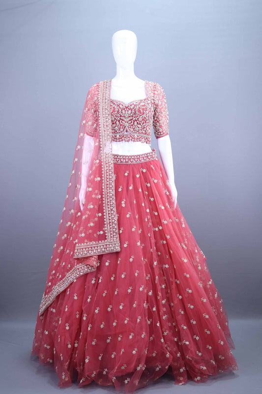Designer Red Embroidered Net Lehenga Choli with Dupatta