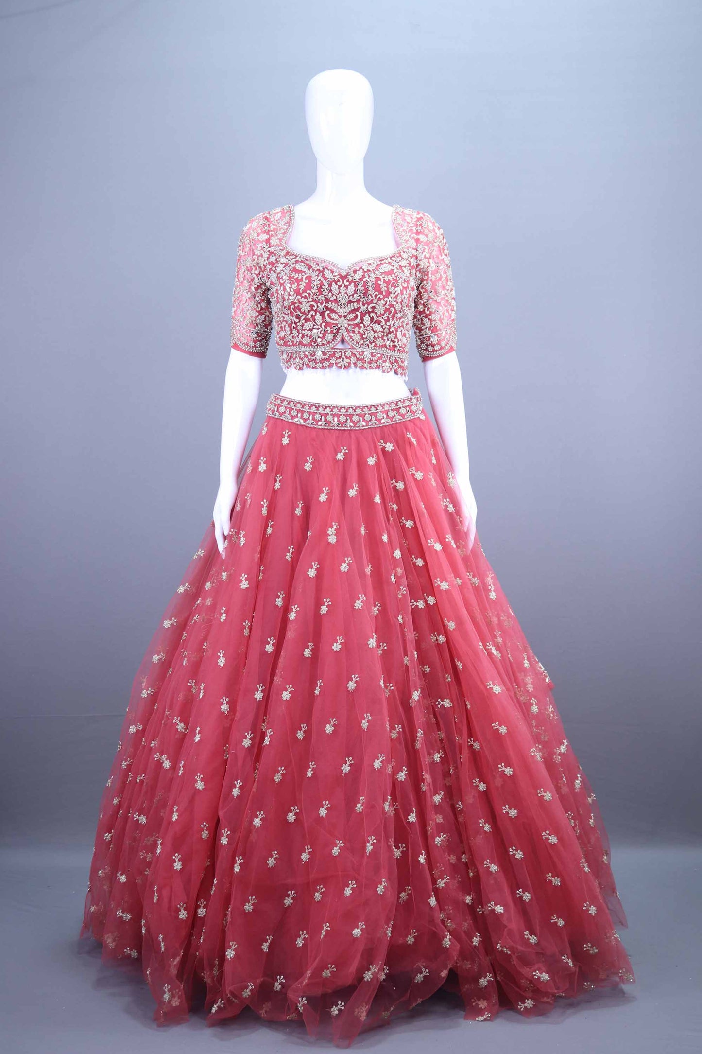 Designer Red Embroidered Net Lehenga Choli with Dupatta