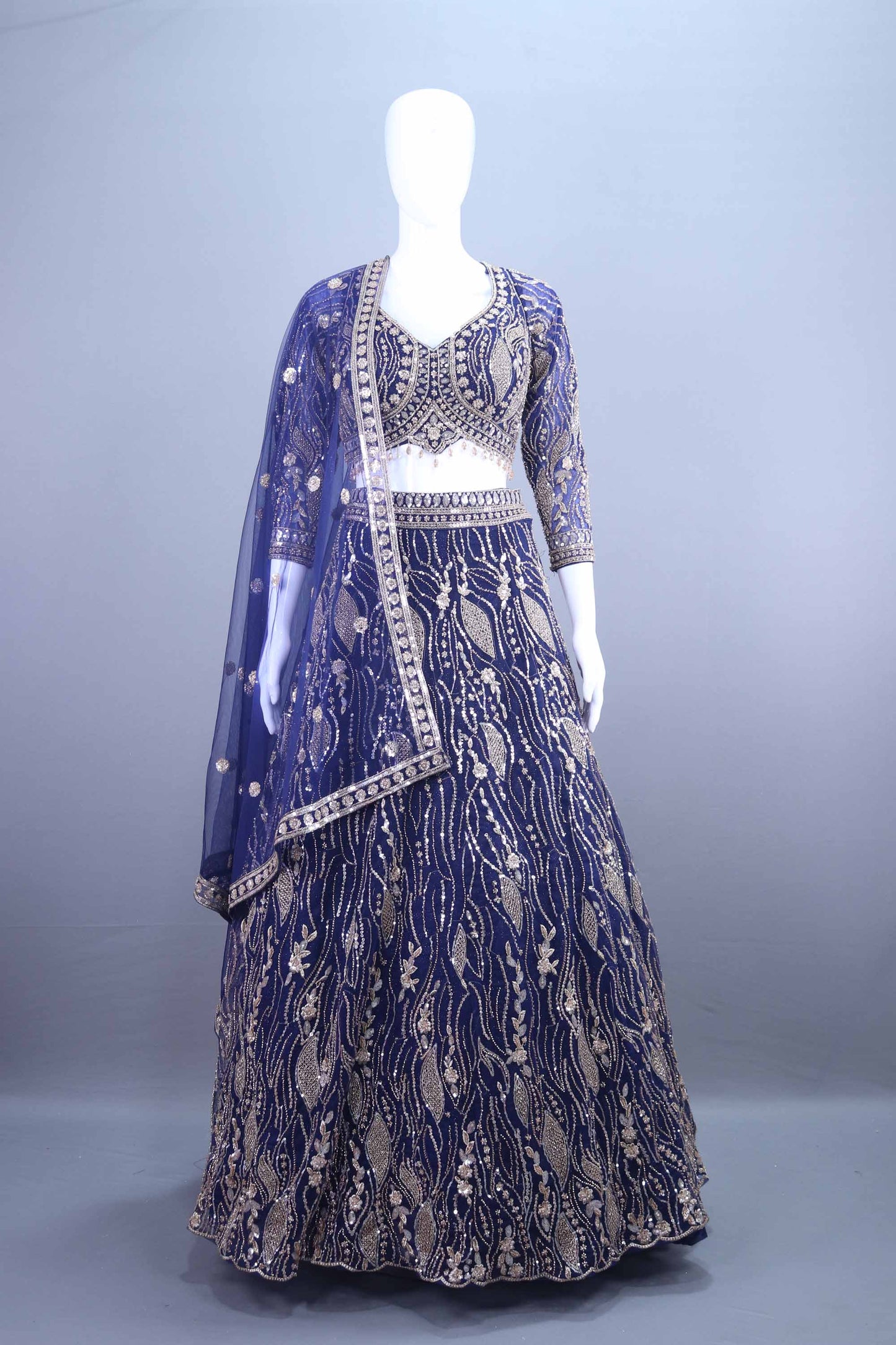 Navy Blue Net Lehenga Choli and Zari Work Designer Lehenga