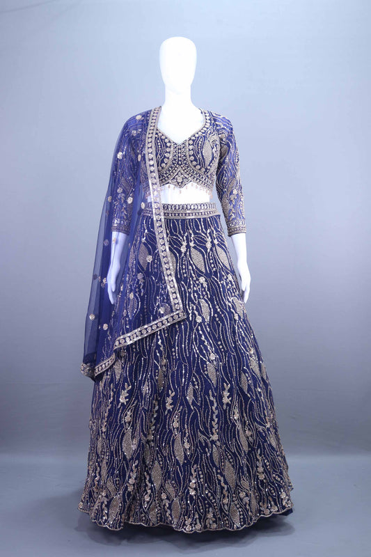 Navy Blue Net Lehenga Choli and Zari Work Designer Lehenga