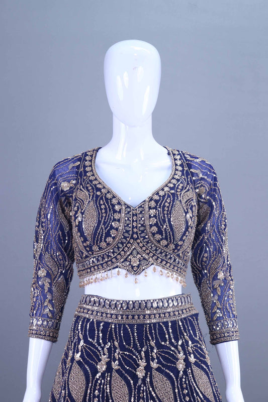 Navy Blue Net Lehenga Choli and Zari Work Designer Lehenga