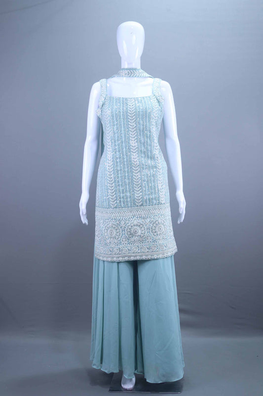 Sky Blue Embroidered Designer Sharara Suit Sleeveless Kurti Set