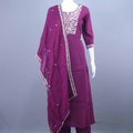 Designer Wine Purple Embroidered Kurti Pant Set with Dupatta