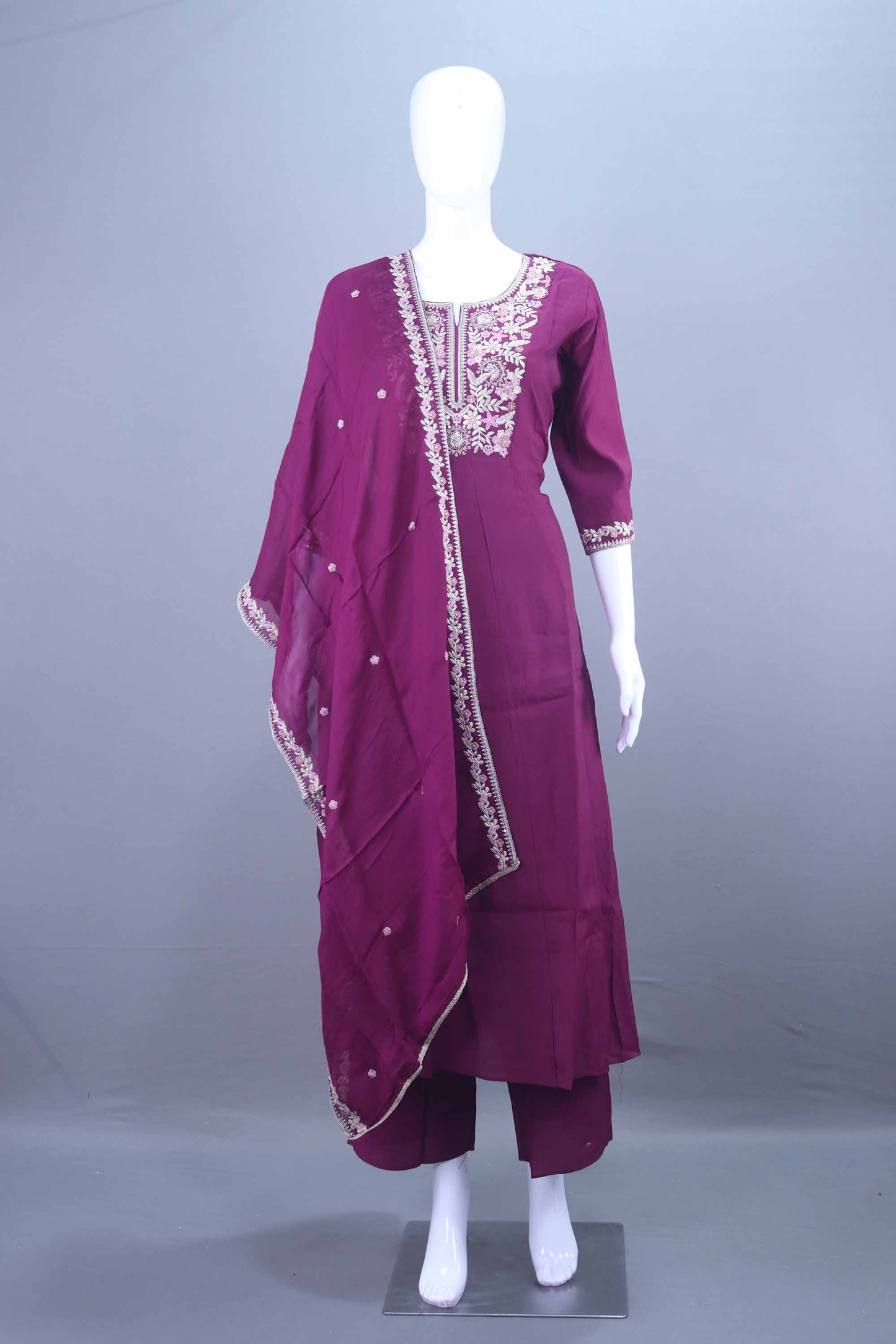 Designer Wine Purple Embroidered Kurti Pant Set with Dupatta