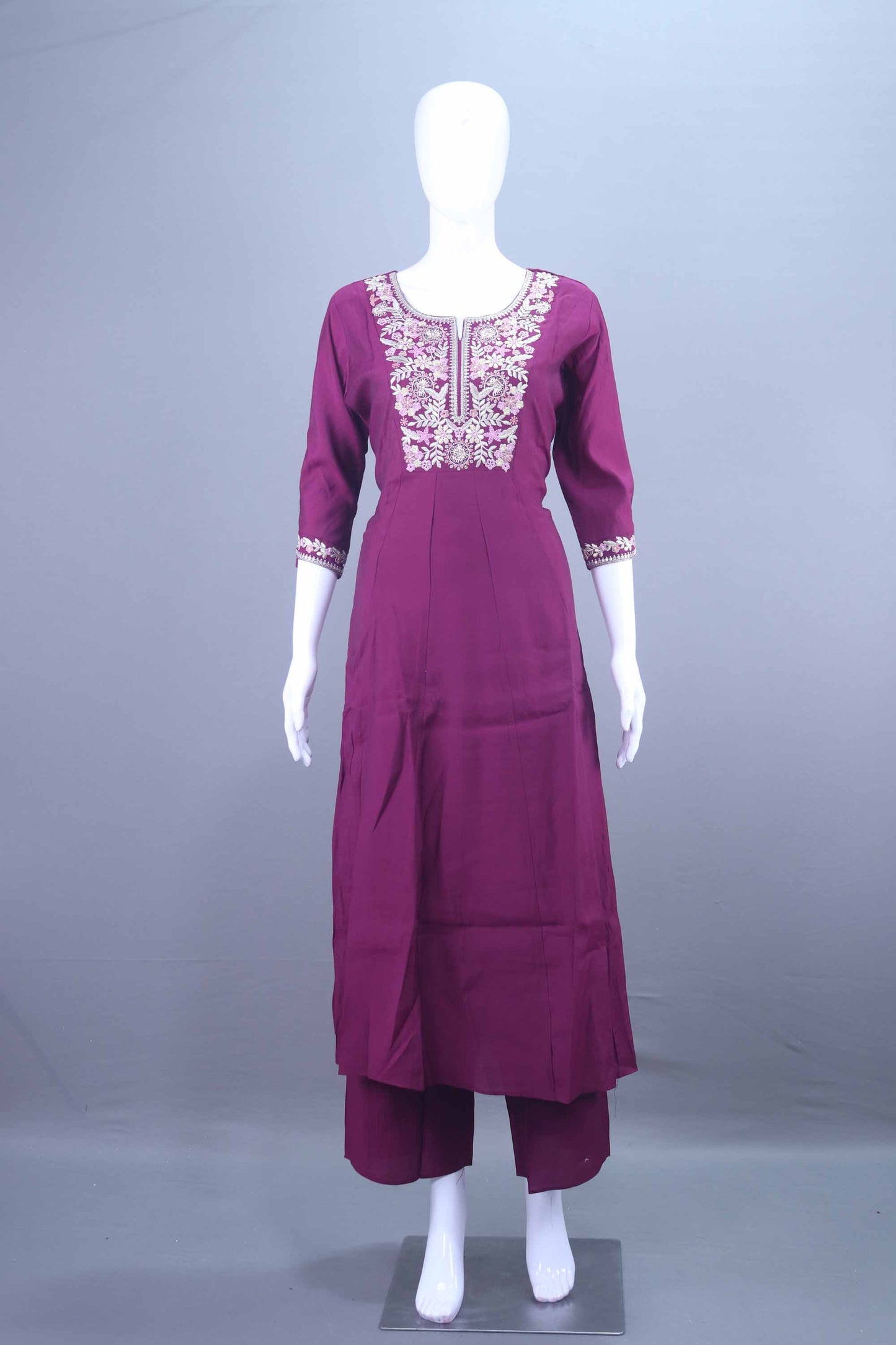 Designer Wine Purple Embroidered Kurti Pant Set with Dupatta